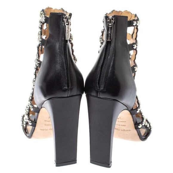 Sergio Rossi Black Leather Embellished Cut Out Sandals - Picture 2 of 6